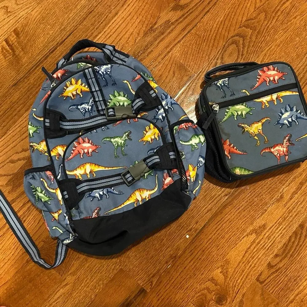 Pottery Barn kids book bag and matching lunchbox Dinosaurs rainbow multi color